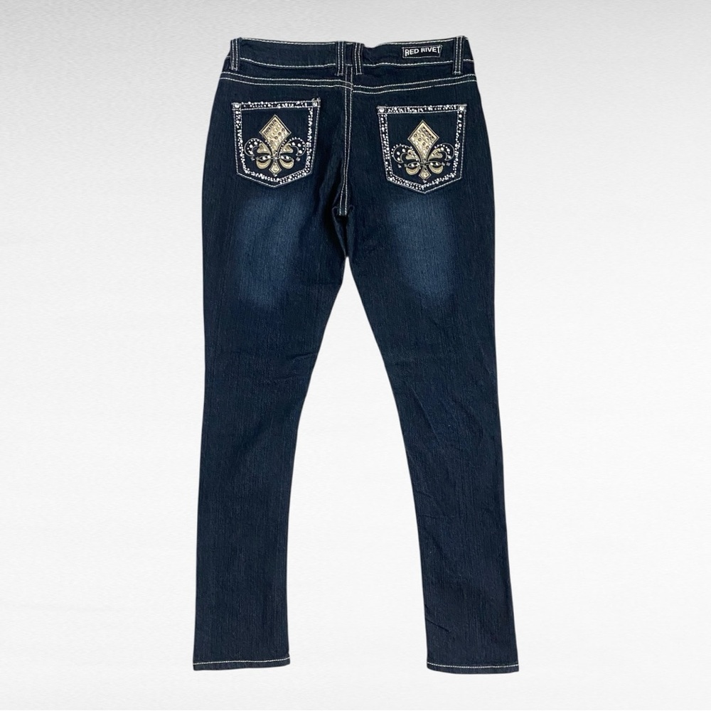 Red Rivet | Dark Blue Wash Fleur-de-Lis Back Pocket Bling Skinny Low Rise Jeans